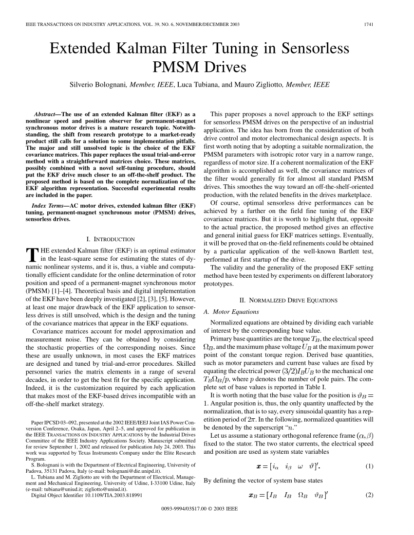 Pdf Extended Kalman Filter Tuning In Sensorless Pmsm Drives