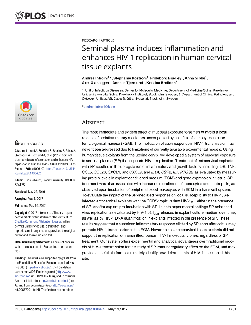 Pdf Seminal Plasma Induces Inflammation And Enhances Hiv 1 Replication In Human Cervical Tissue Explants