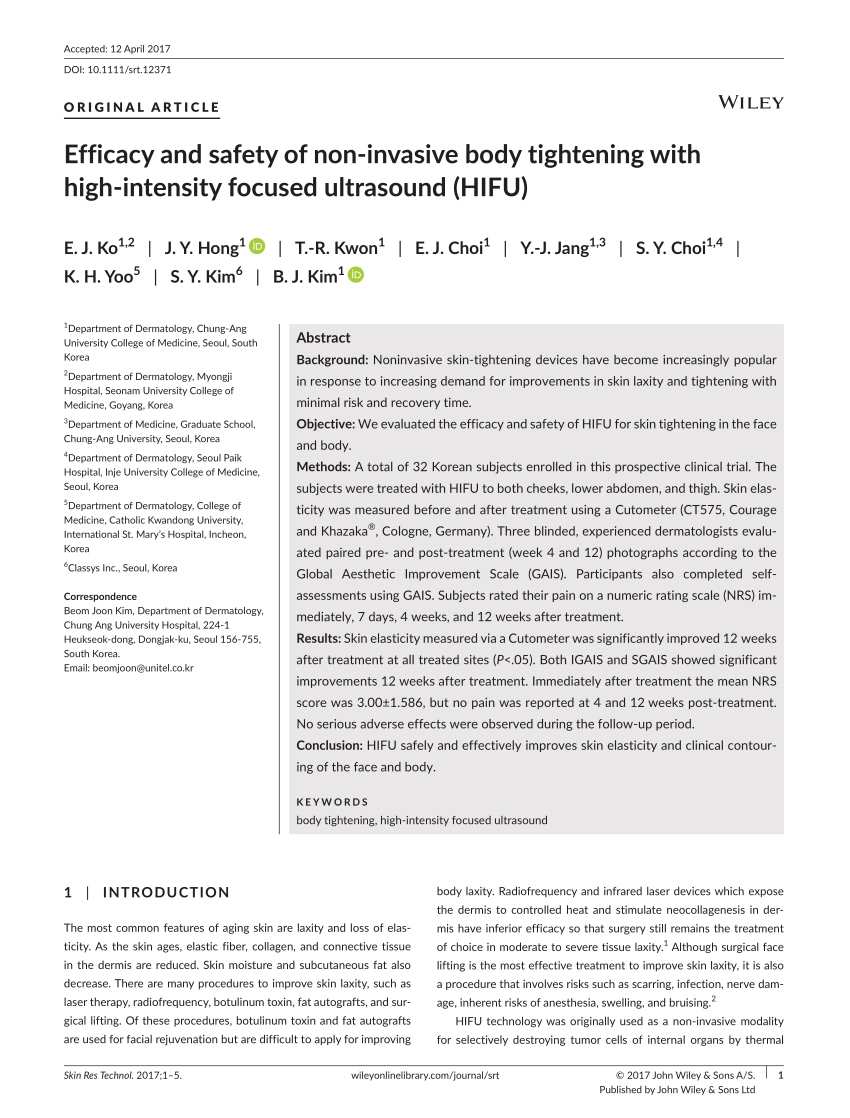 Pdf Efficacy And Safety Of Non Invasive Body Tightening With High Intensity Focused Ultrasound Hifu