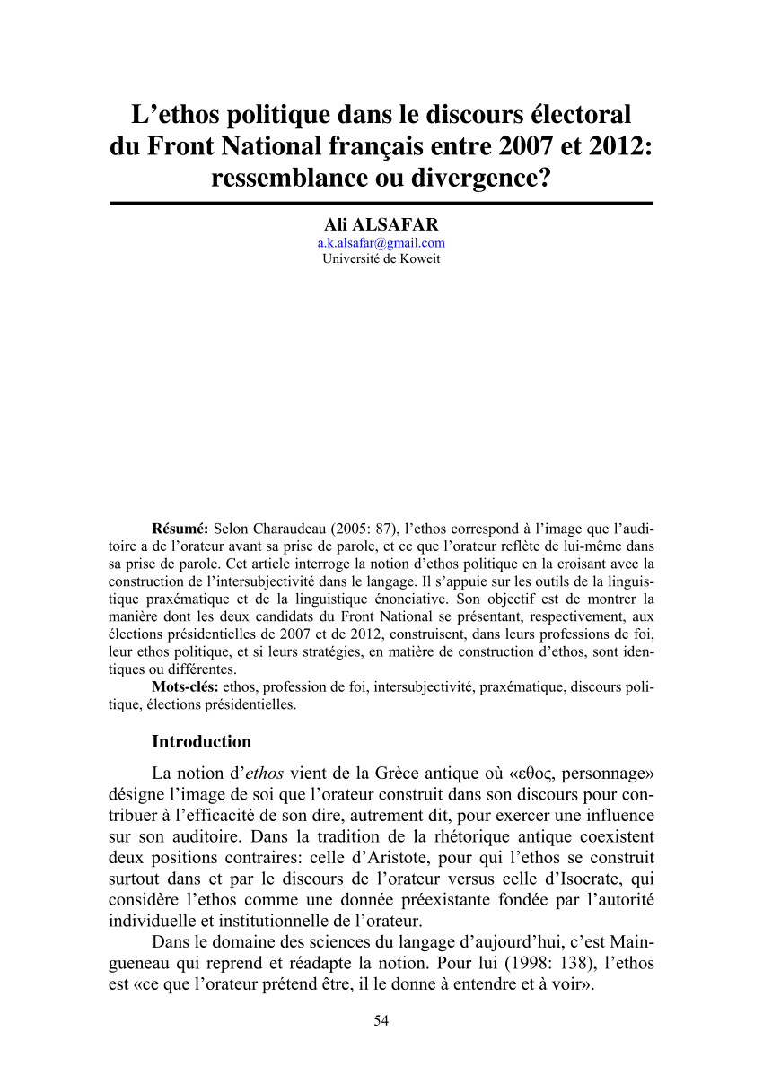 Pdf L Ethos Politique Dans Le Discours Electoral Du Front National Francais Entre 2007 Et 2012 Ressemblance Ou Divergence