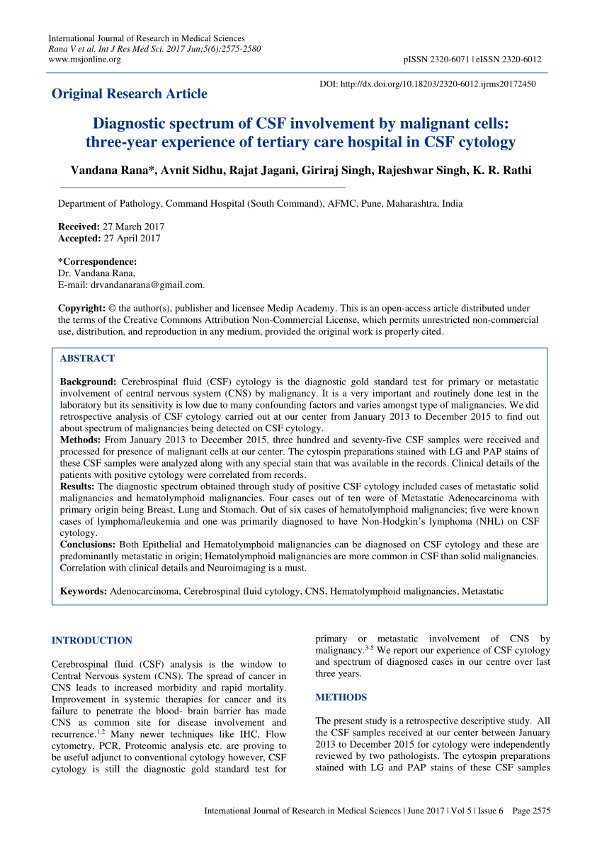 (PDF) Diagnostic spectrum of CSF involvement by malignant cells: three Sns-Brigh10