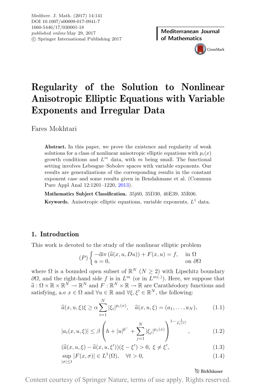 Regularity Of The Solution To Nonlinear Anisotropic Elliptic Equations With Variable Exponents And Irregular Data Request Pdf