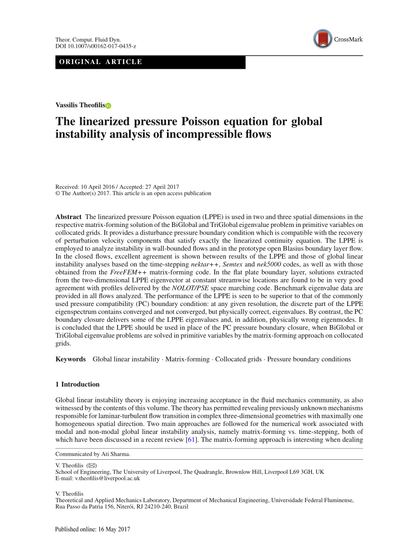 Pdf The Linearized Pressure Poisson Equation For Global Instability Analysis Of Inpressible Flows