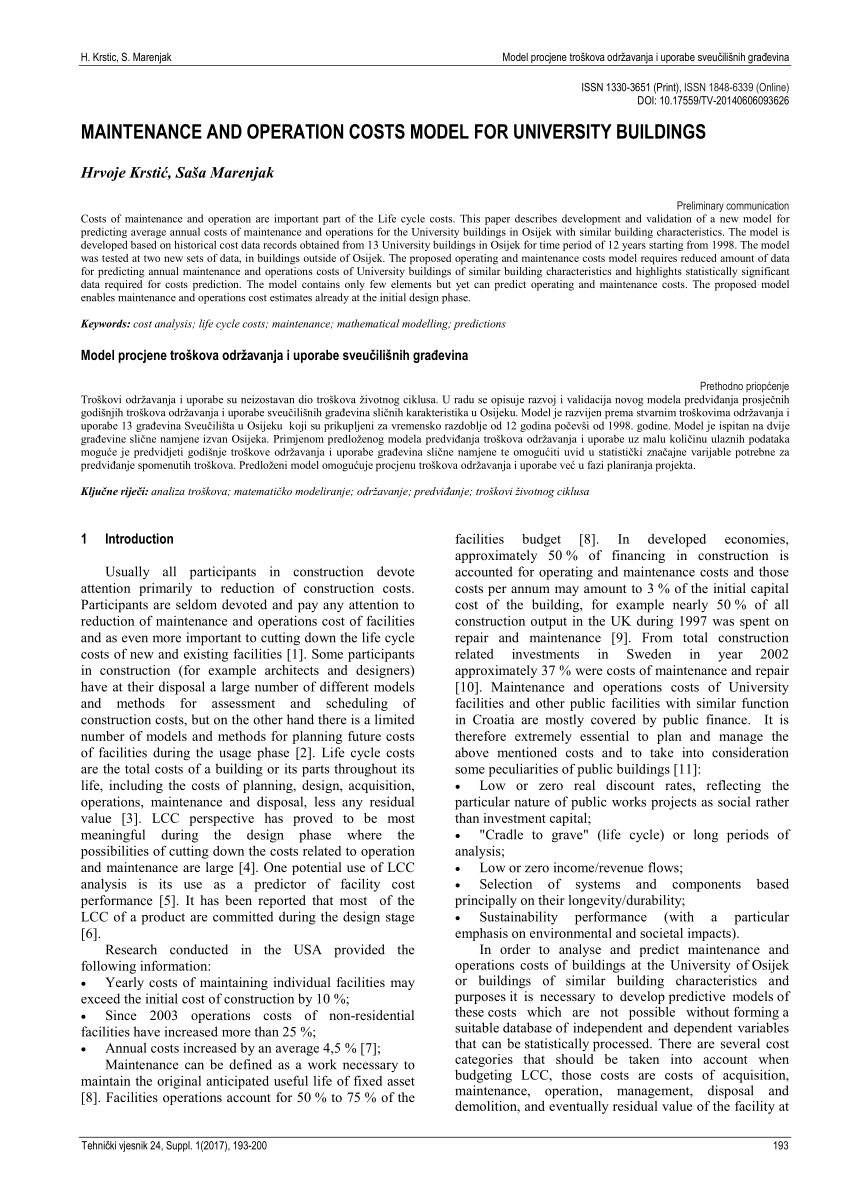 Pdf Maintenance And Operation Costs Model For University Buildings