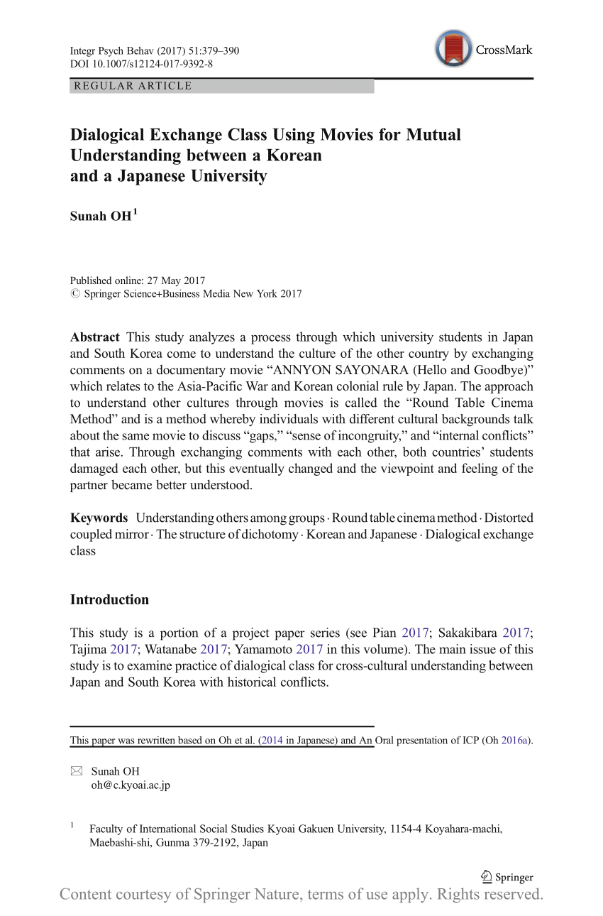 Dialogical Exchange Class Using Movies For Mutual Understanding Between A Korean And A Japanese University Request Pdf