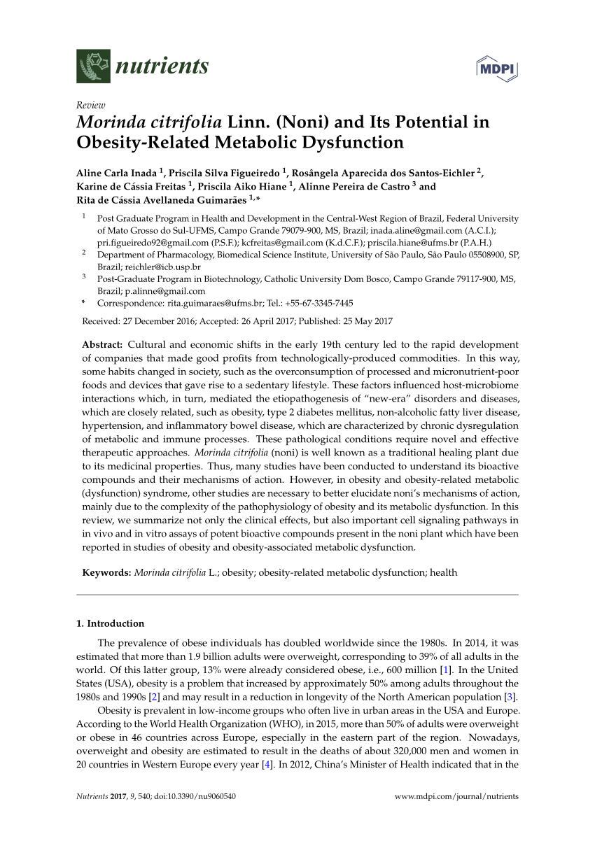 Pdf Morinda Citrifolia Linn Noni And Its Potential In Obesity Related Metabolic Dysfunction