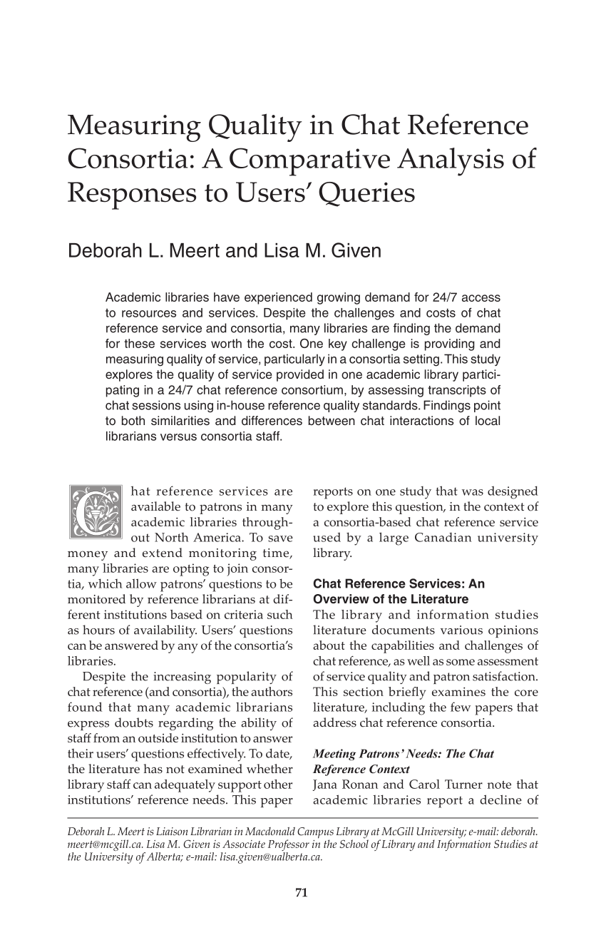 Pdf Measuring Quality In Chat Reference Consortia A Comparative Analysis Of Responses To Users Queries