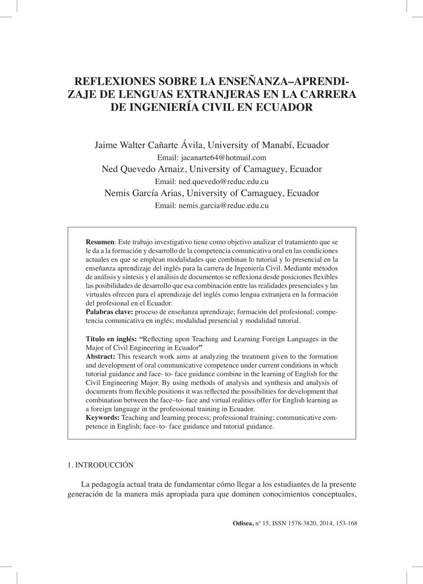 PDF) Reflexiones sobre la enseñanza-aprendizaje de lenguas extranjeras en  la carrera de Ingeniería Civil en Ecuador