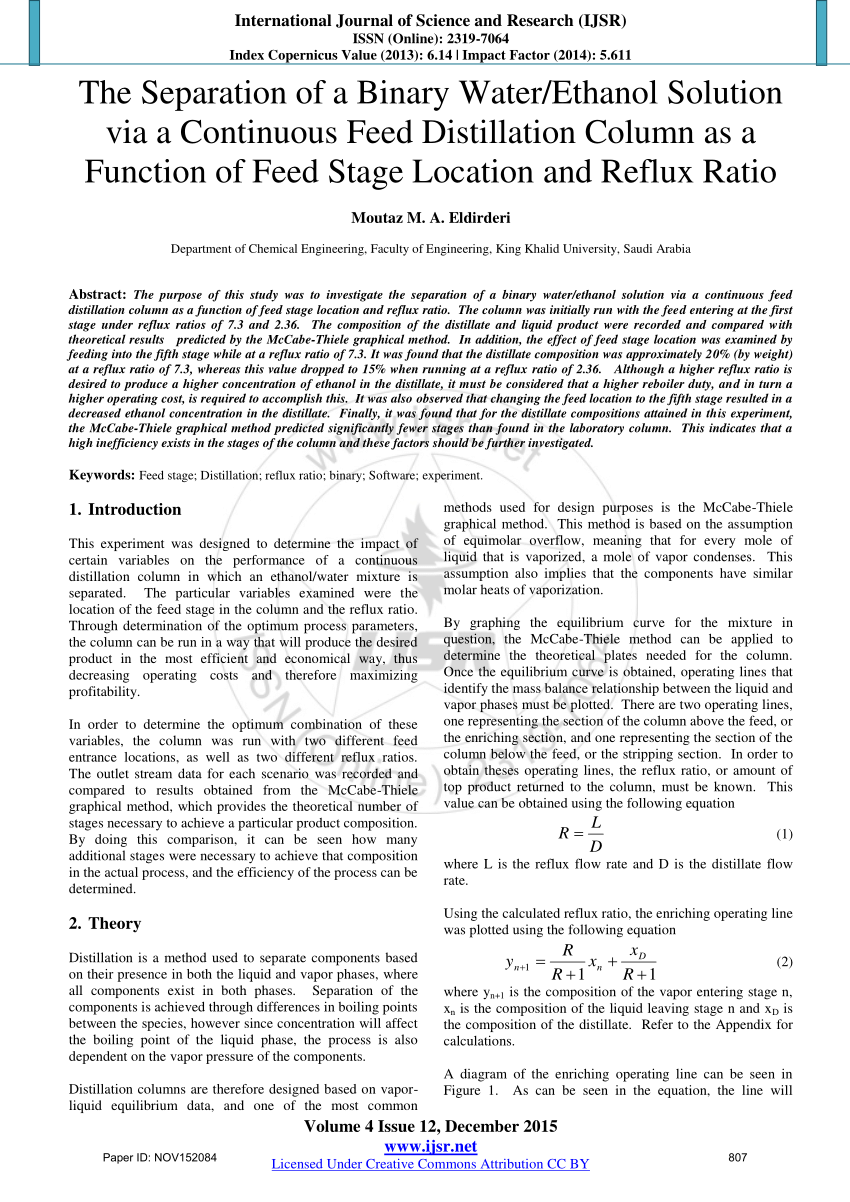 Pdf The Separation Of A Binary Water Ethanol Solution Via A Continuous Feed Distillation Column As A Function Of Feed Stage Location And Reflux Ratio