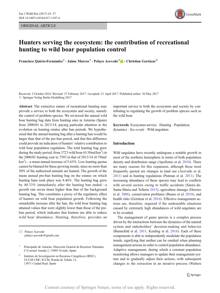 Hunters Serving The Ecosystem The Contribution Of Recreational Hunting To Wild Boar Population Control Request Pdf