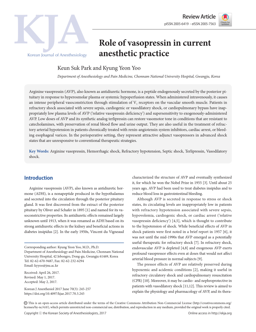 Pdf Role Of Vasopressin In Current Anesthetic Practice