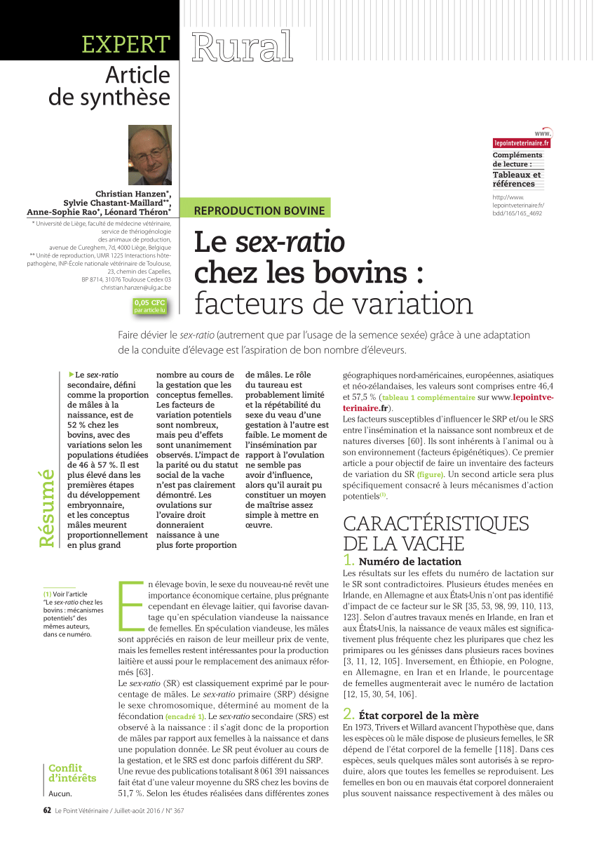 Pdf Le Sex Ratio Chez Les Bovins Facteurs De Variation