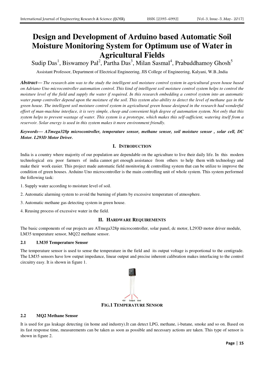 PDF) Design and Development of Arduino based Automatic Soil Moisture  Monitoring System for Optimum use of Water in Agricultural Fields