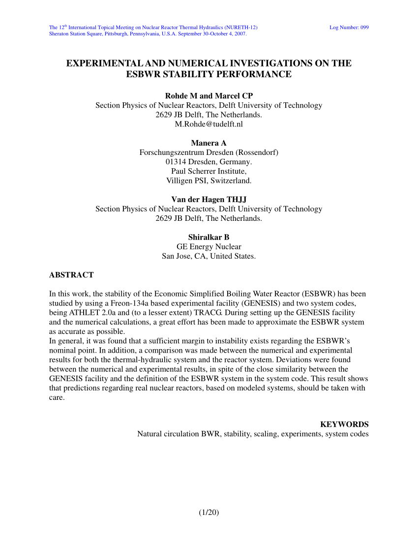 Pdf Experimental And Numerical Investigations On The Esbwr Stability