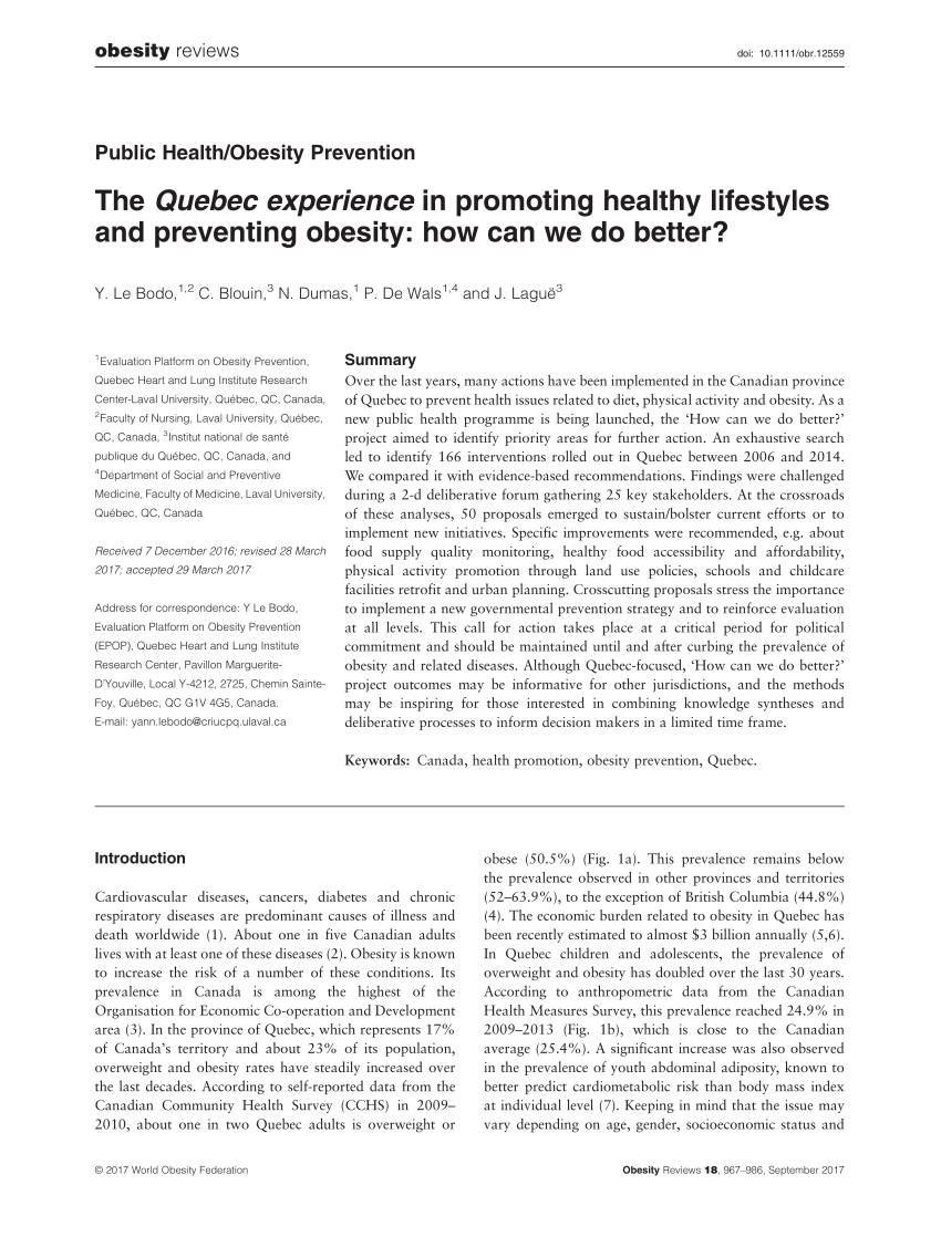 Pdf The Quebec Experience In Promoting Healthy Lifestyles And Preventing Obesity How Can We Do Better