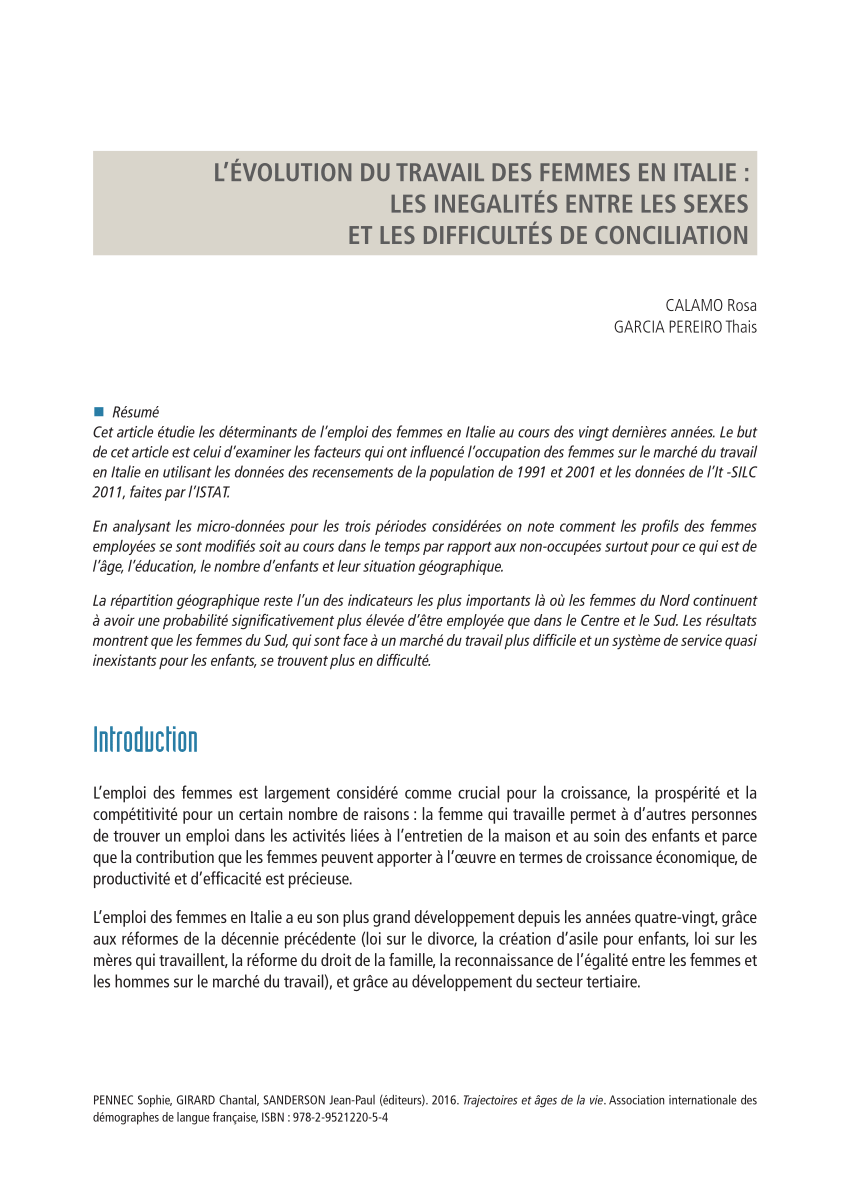 Pdf L Evolution Du Travail Des Femmes En Italie Les Inegalites Entre Les Sexes Et Les Difficultes De Conciliation