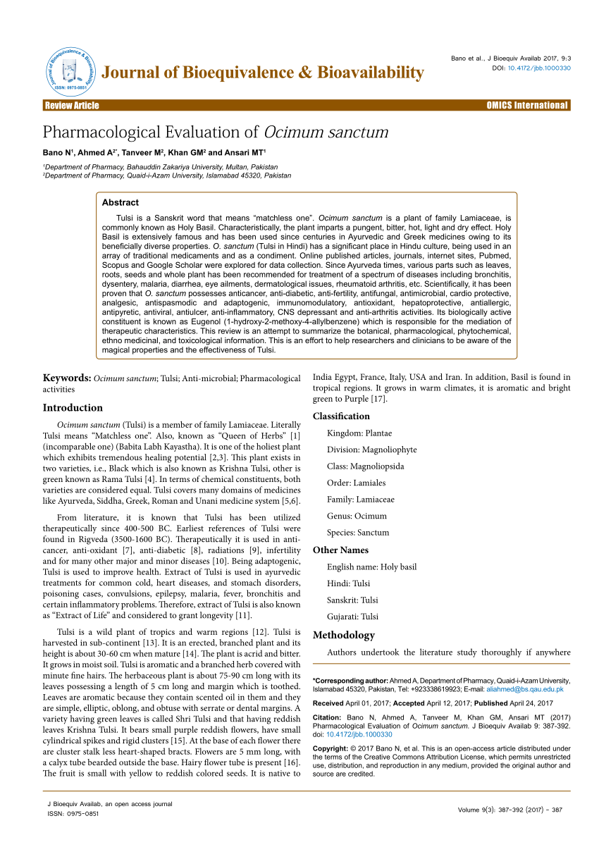 PDF Pharmacological Evaluation of Ocimum sanctum