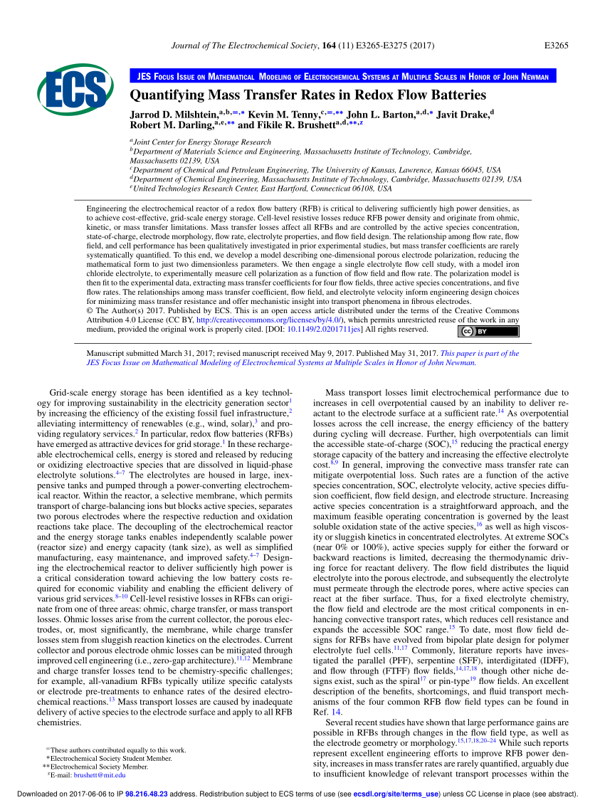 Pdf Quantifying Mass Transfer Rates In Redox Flow Batteries