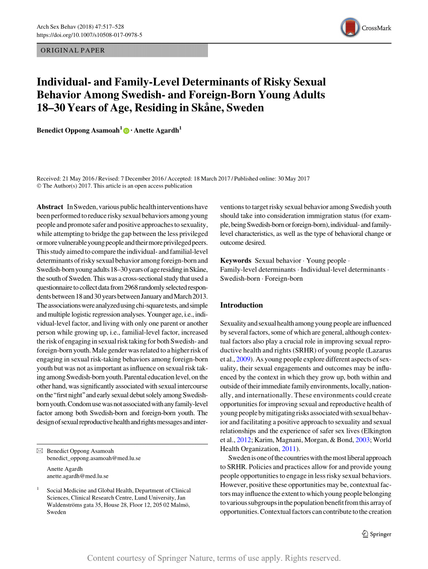 PDF) Individual- and Family-Level Determinants of Risky Sexual Behavior  Among Swedish- and Foreign-Born Young Adults 18-30 Years of Age, Residing  in Skåne, Sweden