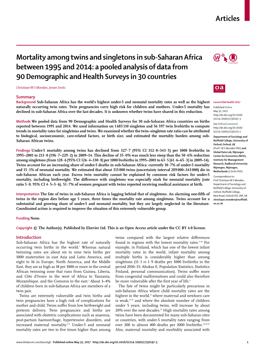 Pdf Mortality Among Twins And Singletons In Sub Saharan Africa Between 1995 And 2014 A Pooled 5506