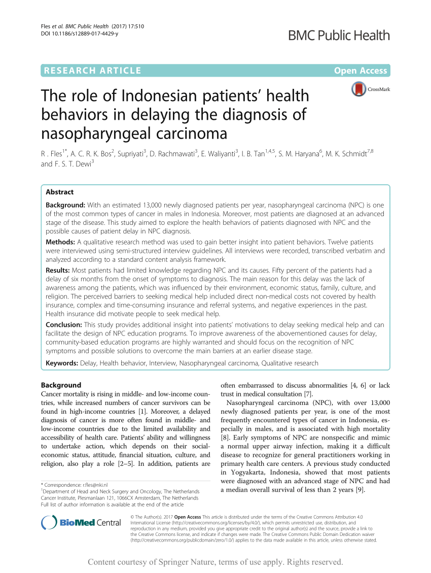Pdf The Role Of Indonesian Patients Health Behaviors In Delaying The Diagnosis Of Nasopharyngeal Carcinoma
