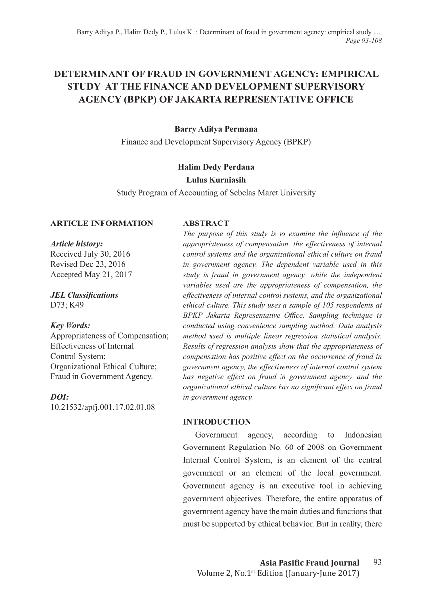 Pdf Determinant Of Fraud In Government Agency Empirical Study At The Finance And Development Supervisory Agency Bpkp Of Jakarta Representative Office