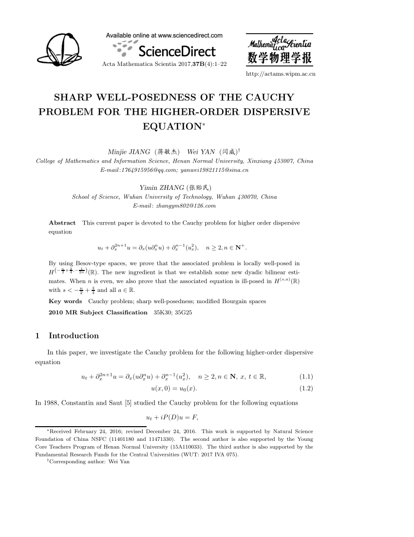Pdf Sharp Well Posedness Of The Cauchy Problem For The Higher Order Dispersive Equation