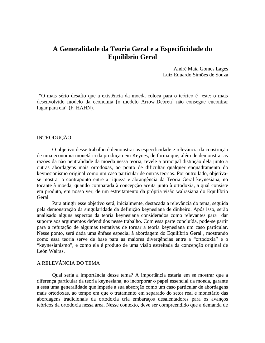 PDF) A Generalidade da Teoria Geral e a Especificidade do Equilíbrio Geral