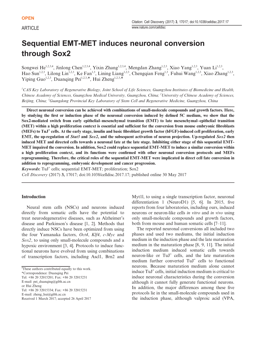 PDF) Sequential EMT-MET induces neuronal conversion through Sox2