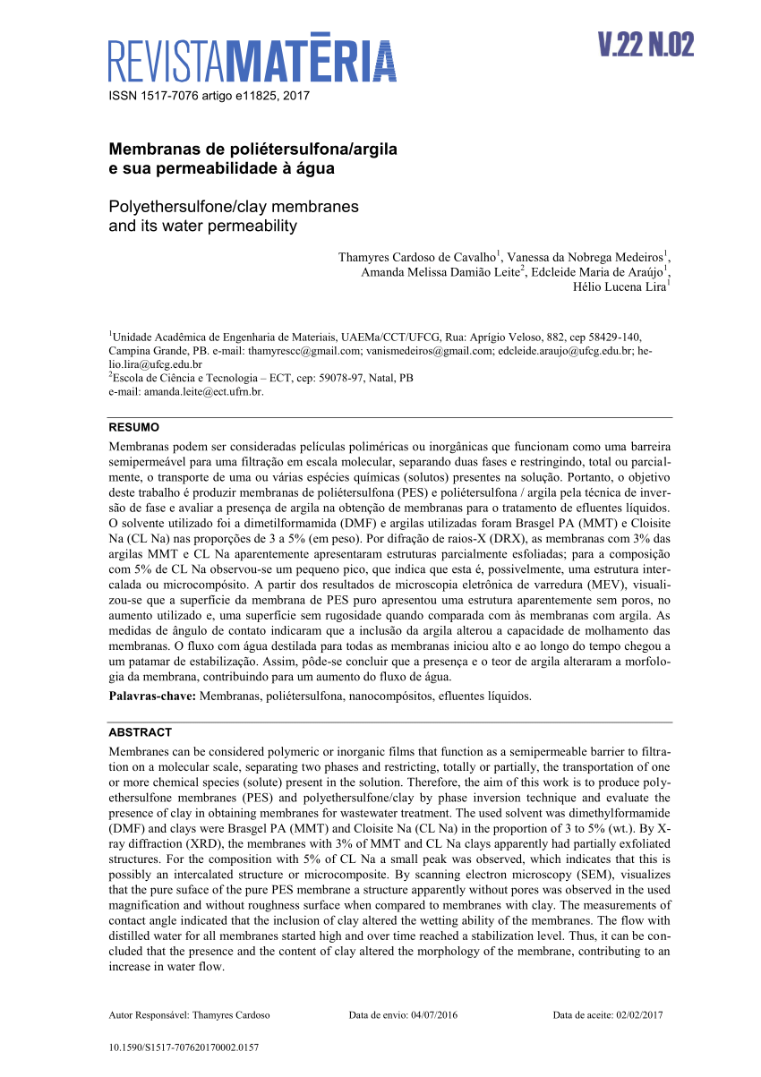 Pdf Membranas De Poliétersulfonaargila E Sua Permeabilidade à água 8222