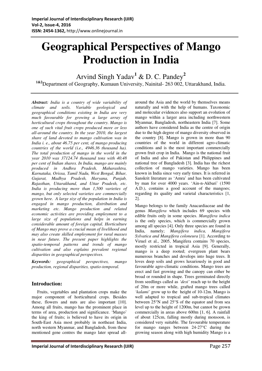 Pdf Geographical Perspectives Of Mango Production In India