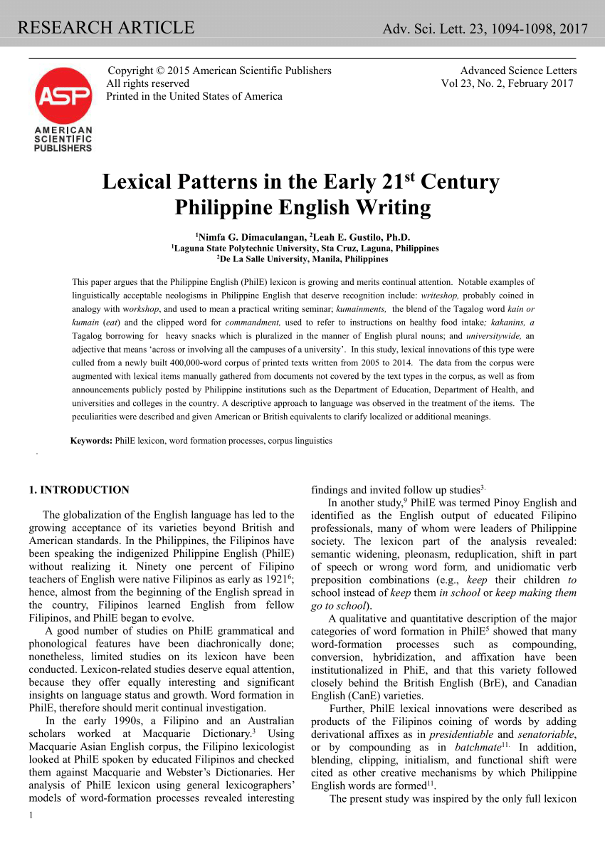 Pdf Lexical Patterns In The Early 21st Century Philippine English Writing
