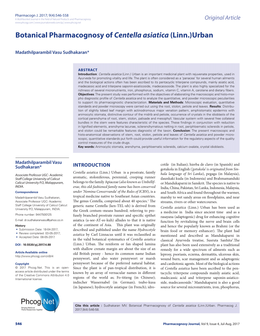 PDF) Botanical Pharmacognosy of Centella asiatica (Linn.)Urban
