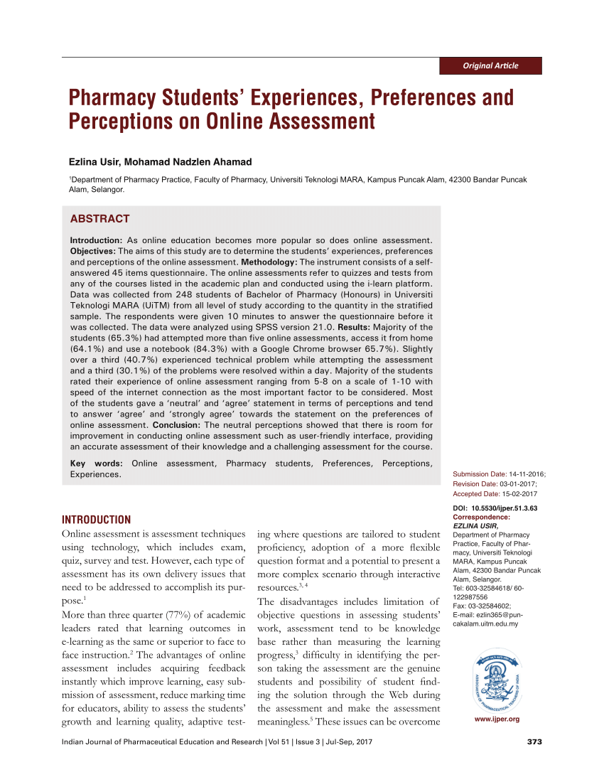 Pdf Pharmacy Students Experiences Preferences And Perceptions On Online Assessment