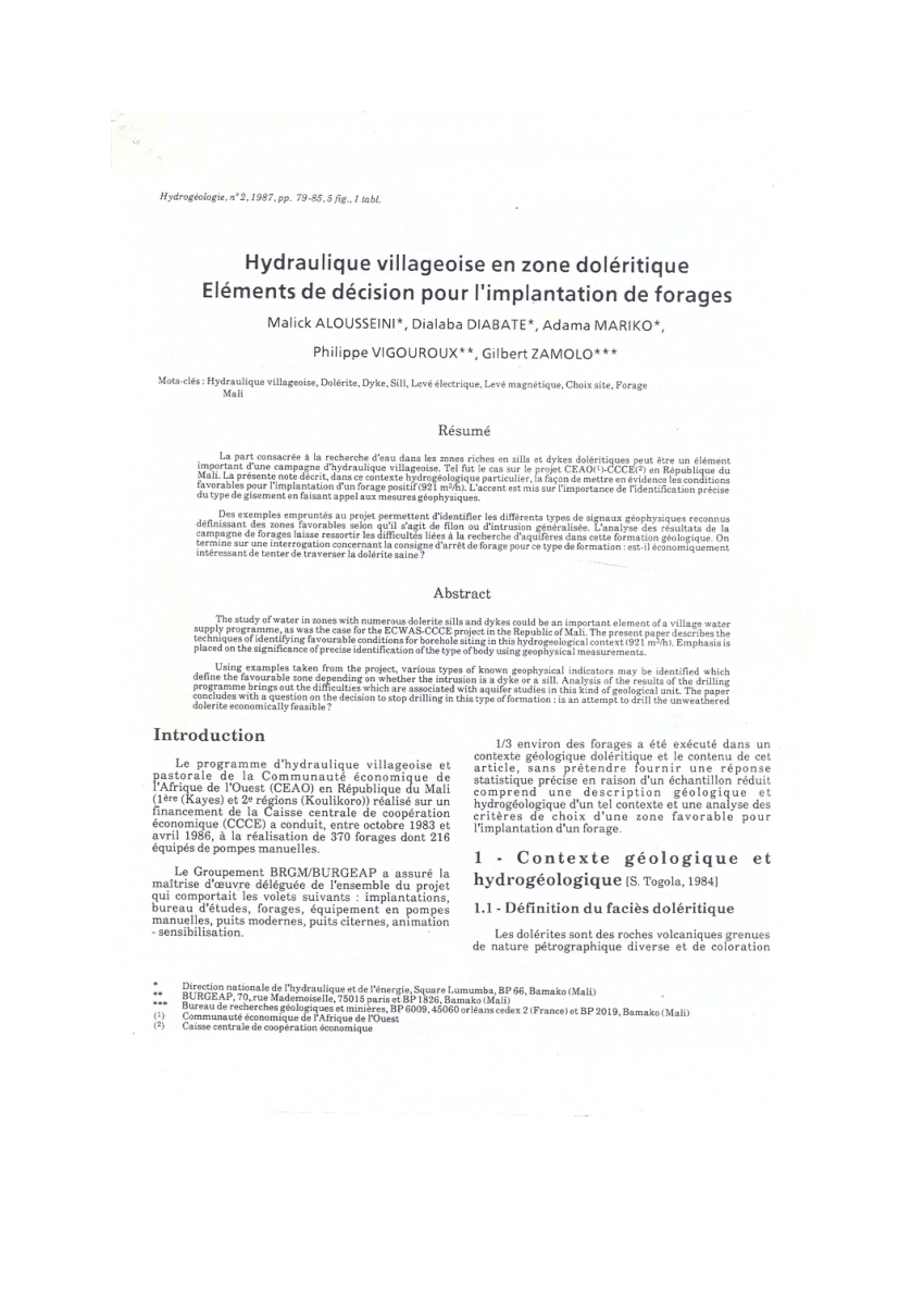 Pdf Hydraulique Villageoise En Zone Doleritique Elements De Decision Pour Implantation De Forages