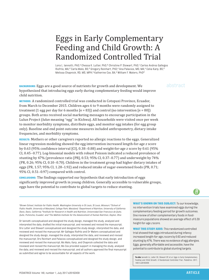 Pdf Eggs In Early Complementary Feeding And Child Growth A Randomized Controlled Trial