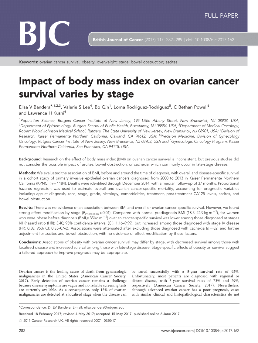 Pdf Impact Of Body Mass Index On Ovarian Cancer Survival Varies