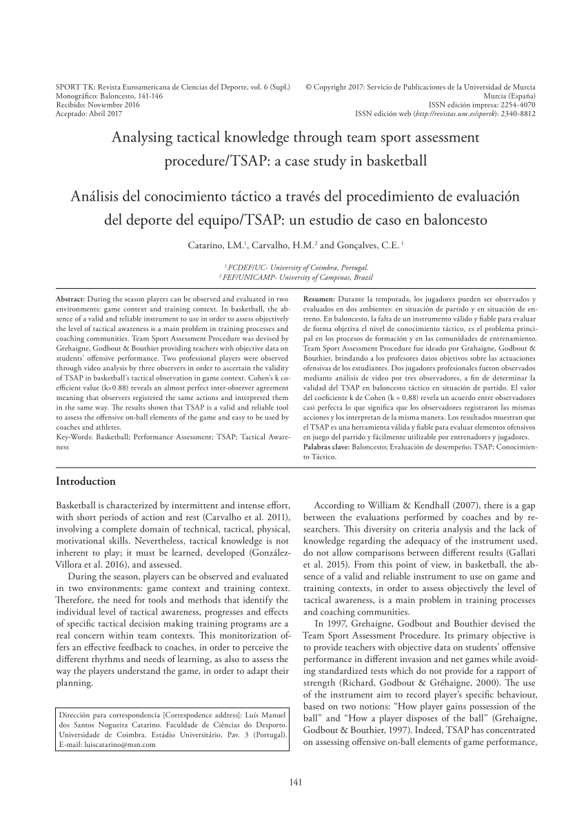 Pdf Analysing Tactical Knowledge Through Team Sport Assessment Procedure Tsap A Case Study In Basketball