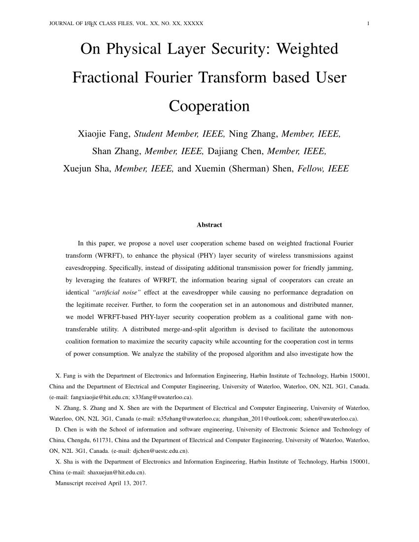 PDF) On Physical Layer Security: Weighted Fractional Fourier Transform  Based User Cooperation