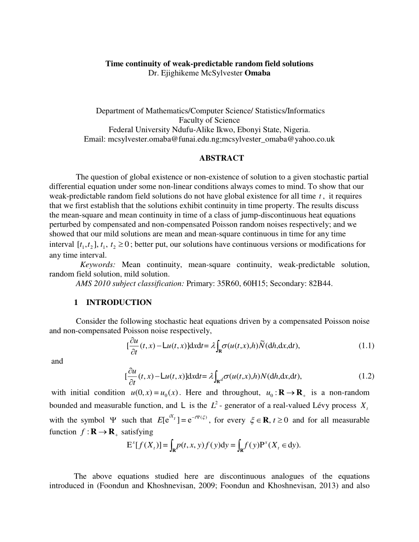 Pdf Time Continuity Of Weak Predictable Random Field Solutions