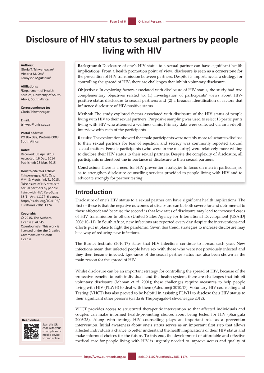 Pdf Disclosure Of Hiv Status To Sexual Partners By People Living With Hiv 6896