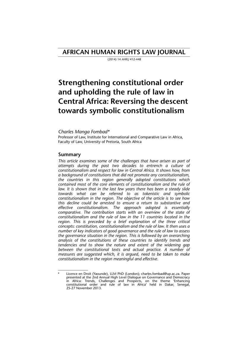 Pdf Strengthening Constitutional Order And Upholding The Rule Of Law In Central Africa Reversing The Descent Towards Symbolic Constitutionalism