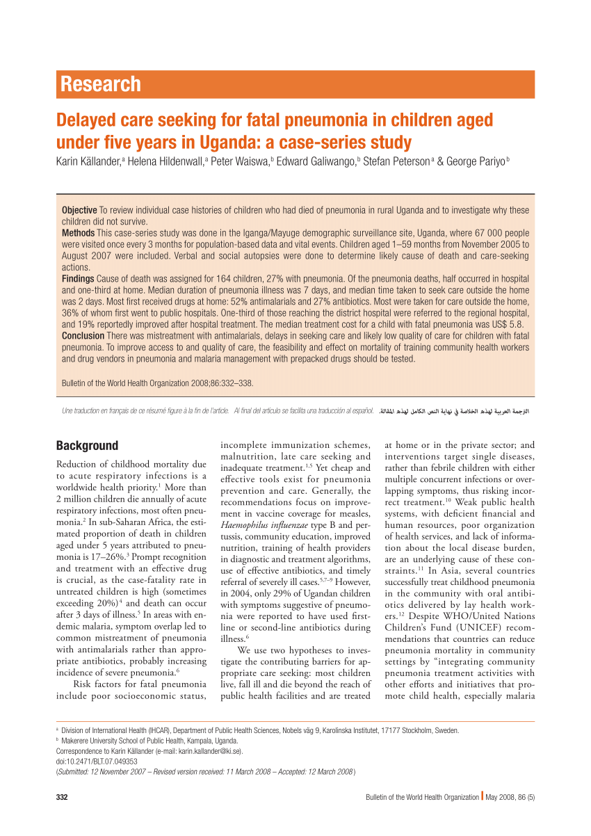 Pdf Delayed Care Seeking For Fatal Pneumonia In Children Aged Under Five Years In Uganda A Case Series Study