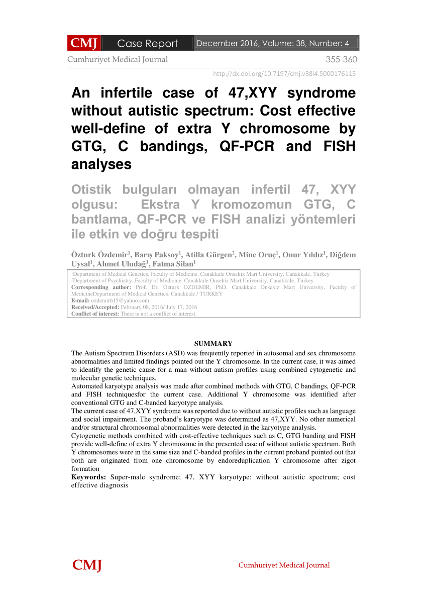 Pdf An Infertile Case Of 47 Xyy Syndrome Without Autistic Spectrum Cost Effective Well Define Of Extra Y Chromosome By Gtg C Bandings Qf Pcr And Fish Analyses