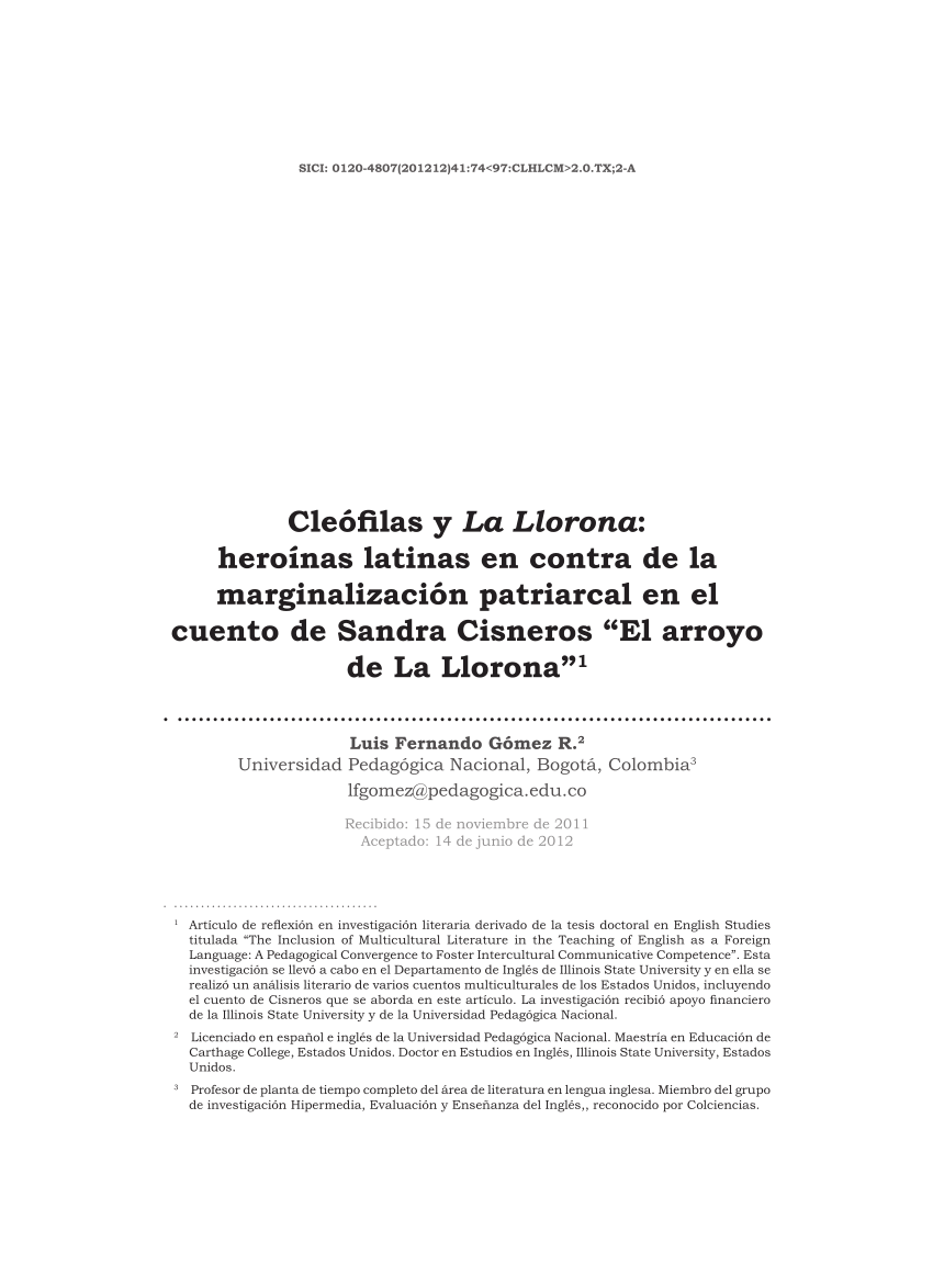 PDF) Cleófilas and La Llorona: Latin Heroines Against Patriarchal  Marginalisation in 'El arroyo de la Llorona', a Short Story by Sandra  Cisneros
