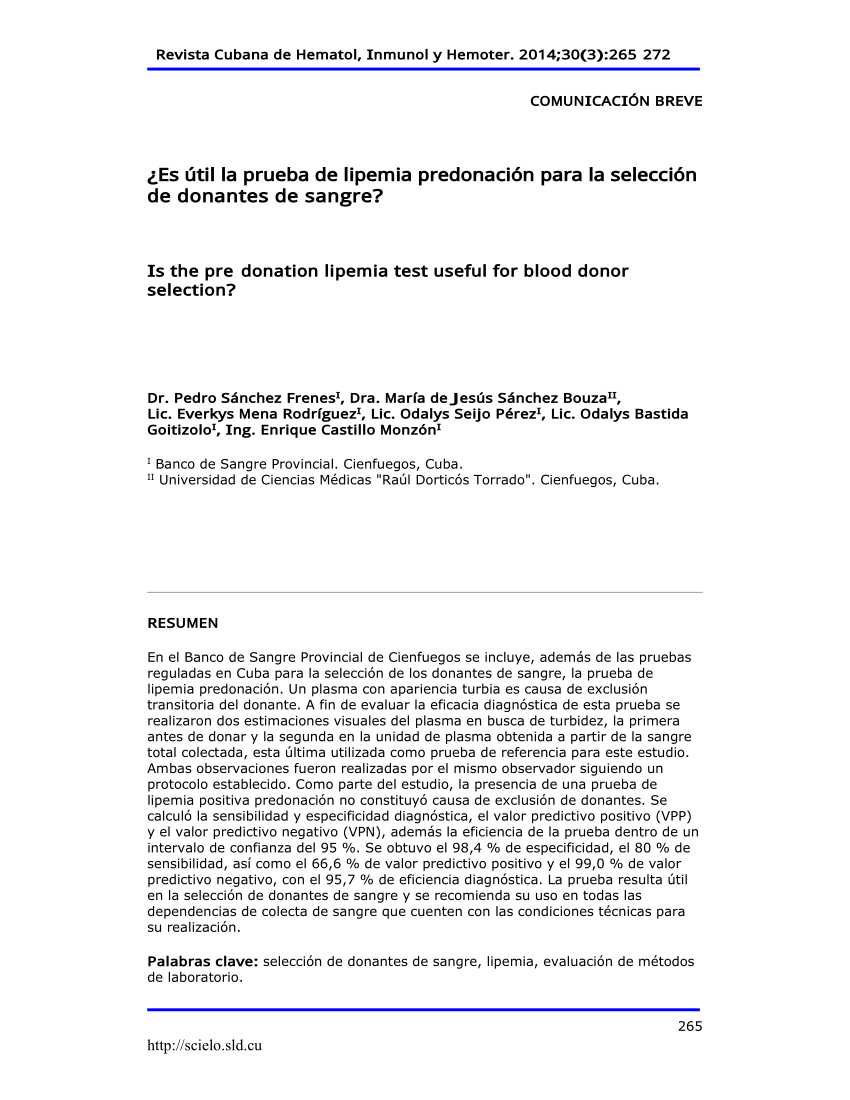 (PDF) ¿ Es útil la prueba de lipemia predonación para la selección de ...