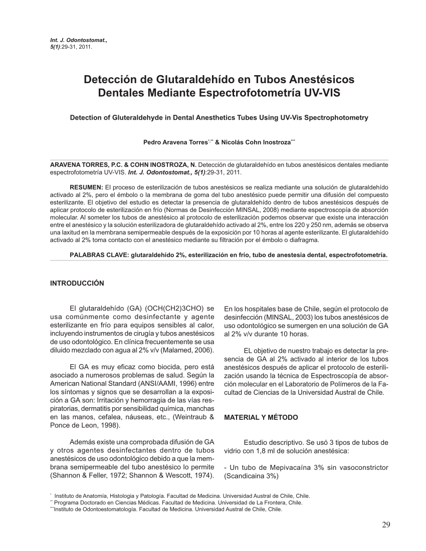 PDF) Detección de Glutaraldehído en Anestésicos Dentales Espectrofotometría UV-VIS