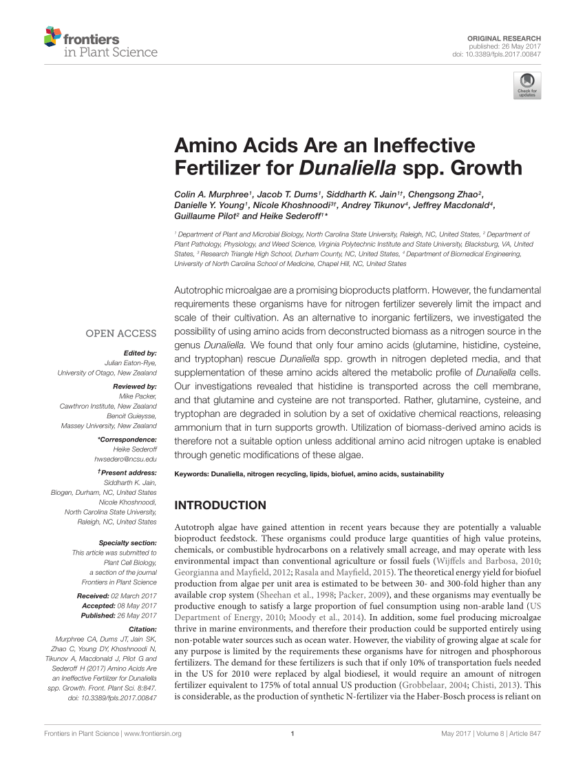 Pdf Amino Acids Are An Ineffective Fertilizer For Dunaliella Spp Growth