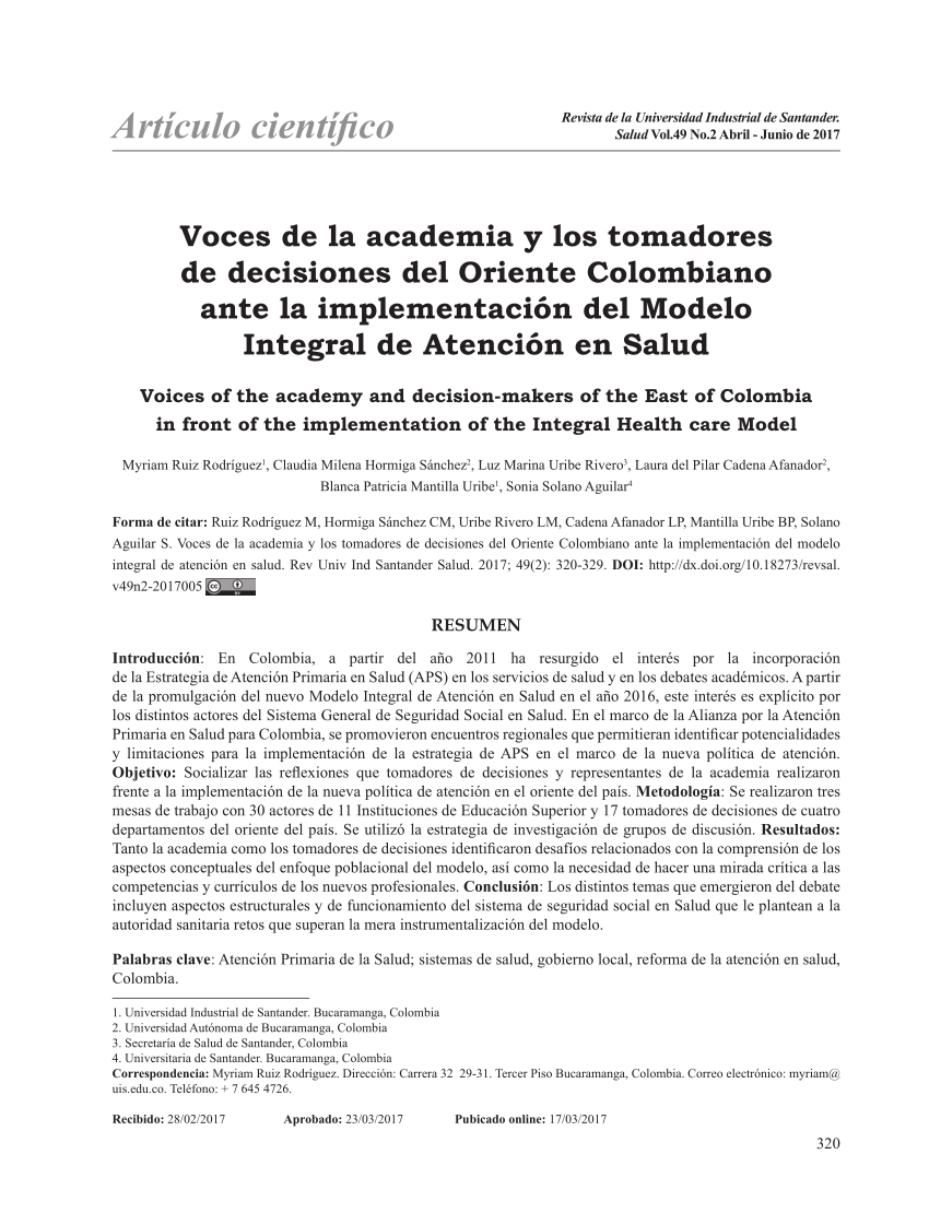 PDF) Voces de la academia y los tomadores de decisiones del Oriente  Colombiano ante la implementación del Modelo Integral de Atención en Salud