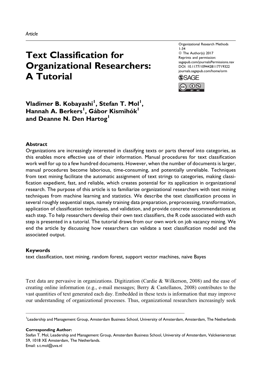 Pdf Text Classification For Organizational Researchers A Tutorial